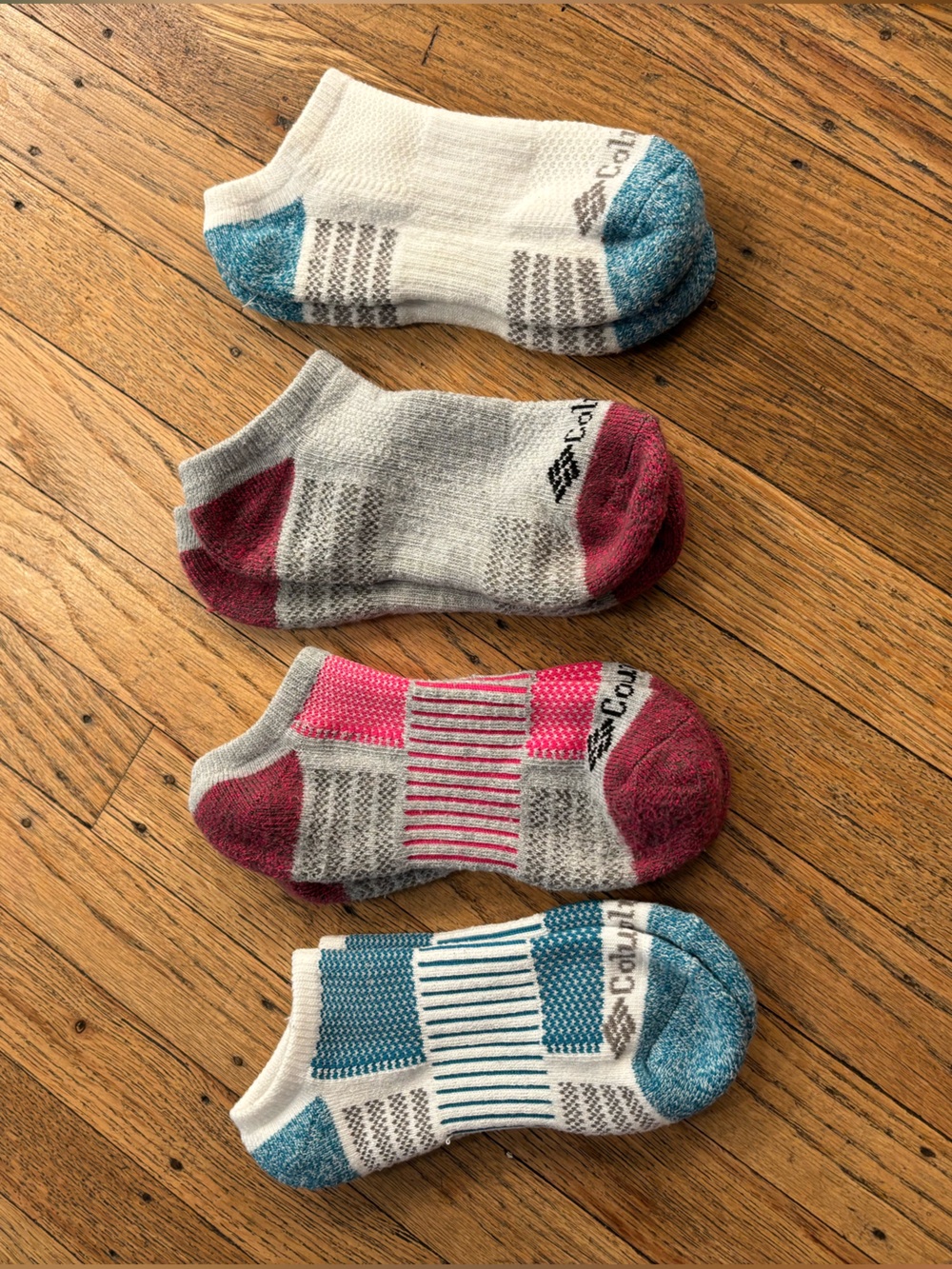 Columbia No-Show Athletic Socks in White with Blue and Pink Accents